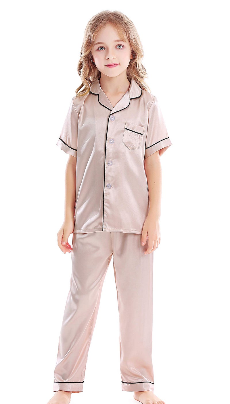 Horcute Kids Satin Short-Top and Long-Pants 2-Pieces Pajamas Sleepwears Set Champagne 160# 9-10Y - Image 1